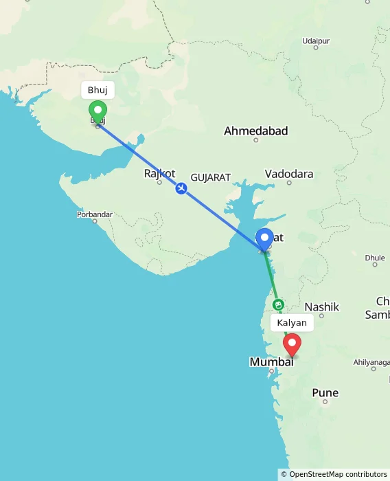 Route map showing distance and travel time from Bhuj, India to Kalyan, India