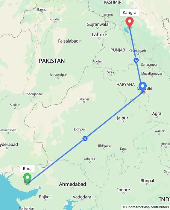Route map showing distance and travel time from Bhuj, India to Kangra, India