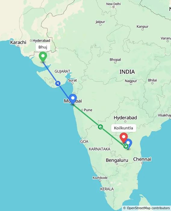 Route map showing distance and travel time from Bhuj, India to Koilkuntla, India