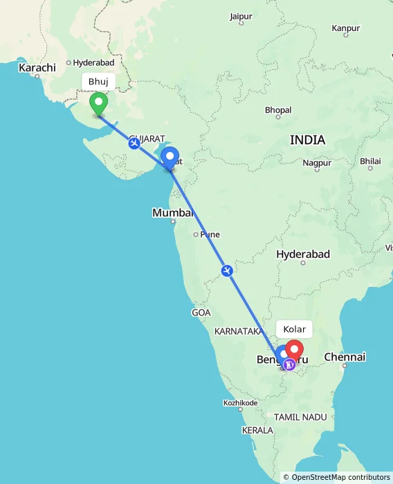 Route map showing distance and travel time from Bhuj, India to Kolar, India