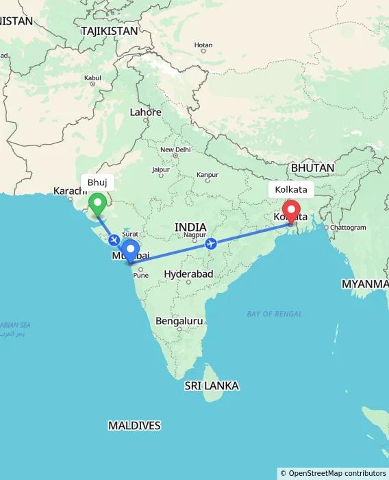 Route map showing distance and travel time from Bhuj, India to Kolkata, India