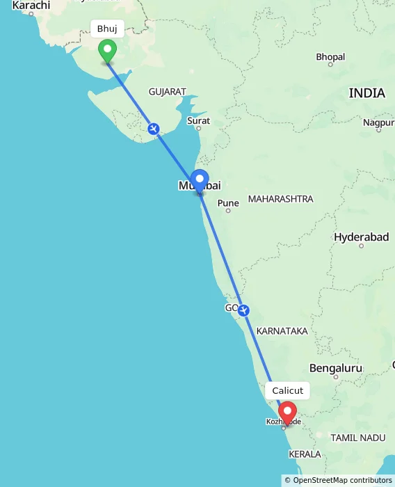 Route map showing distance and travel time from Bhuj, India to Kozhikode, India
