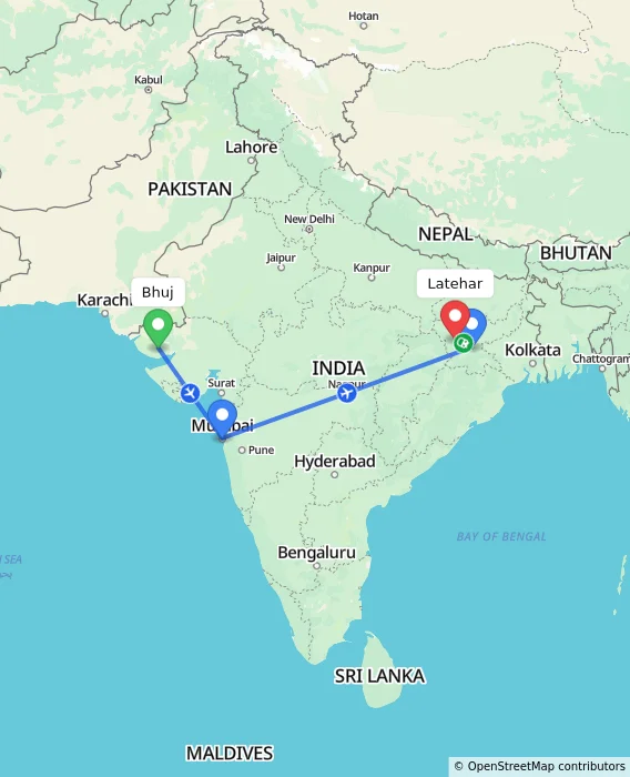 Route map showing distance and travel time from Bhuj, India to Latehar, India