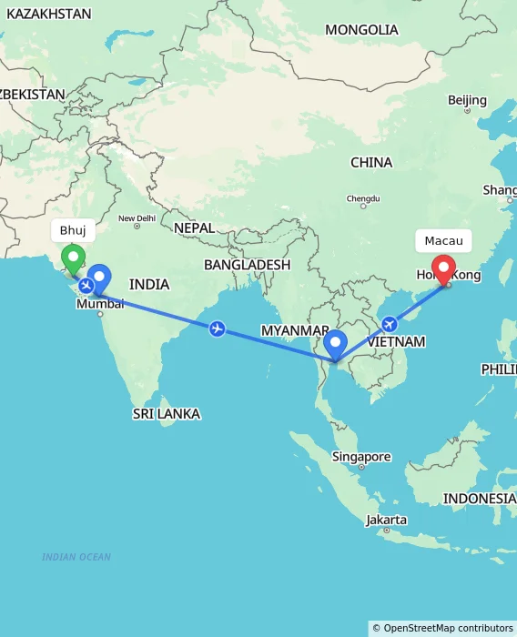 Route map showing distance and travel time from Bhuj, India to Macau, Macau (Special Administrative Region of China)
