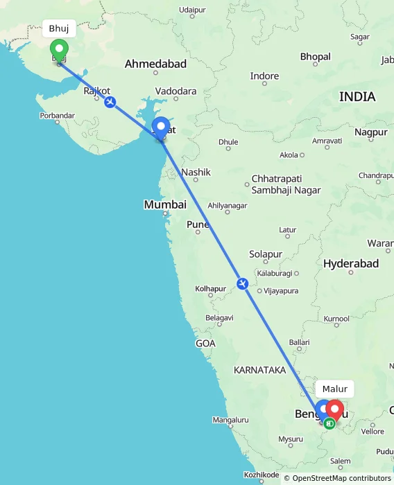 Route map showing distance and travel time from Bhuj, India to Malur, India