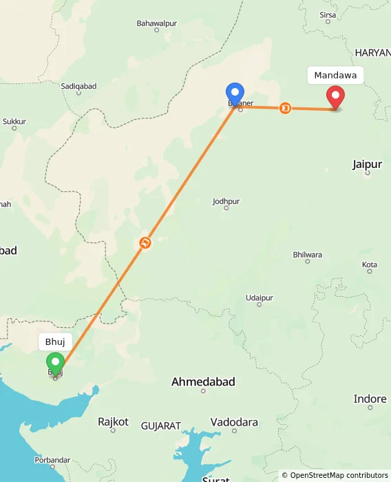 Route map showing distance and travel time from Bhuj, India to Mandawa, India