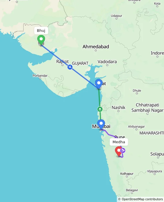Route map showing distance and travel time from Bhuj, India to Medha, India