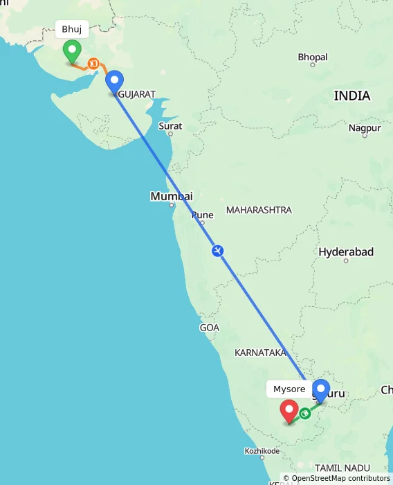 Route map showing distance and travel time from Bhuj, India to Mysore, India