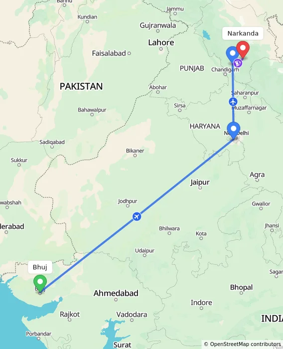 Route map showing distance and travel time from Bhuj, India to Narkanda, India