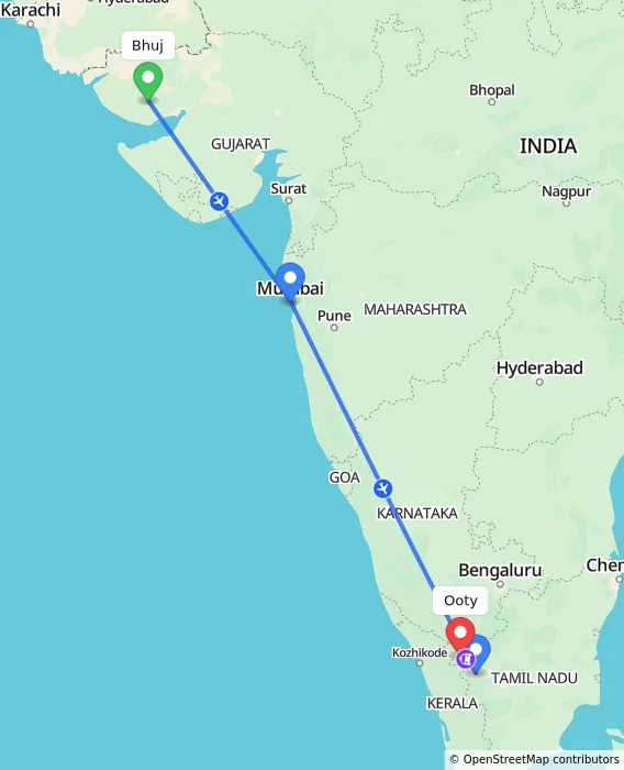 Route map showing distance and travel time from Bhuj, India to Ooty, India