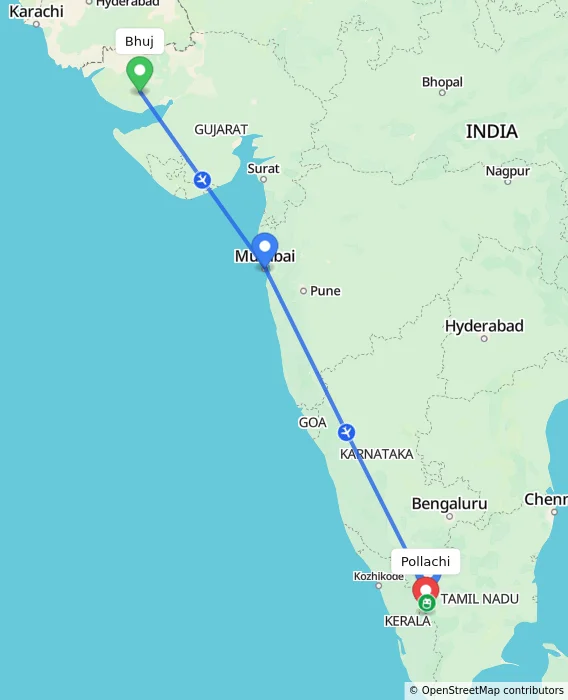 Route map showing distance and travel time from Bhuj, India to Pollachi, India