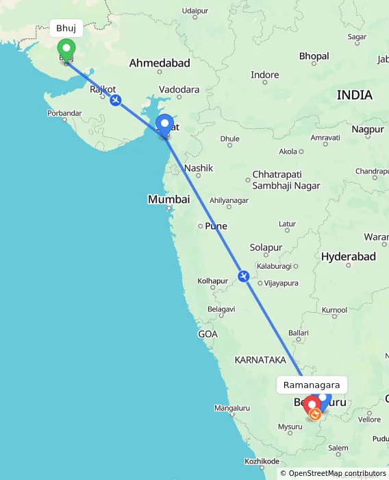 Route map showing distance and travel time from Bhuj, India to Ramanagara, India