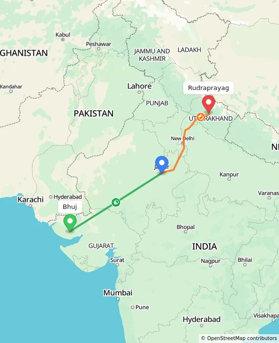 Route map showing distance and travel time from Bhuj, India to Rudraprayag, India
