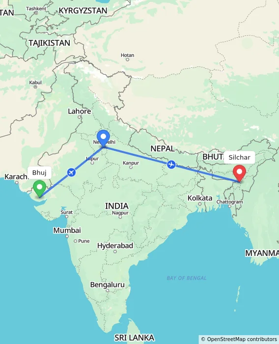 Route map showing distance and travel time from Bhuj, India to Silchar, India