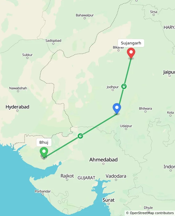 Route map showing distance and travel time from Bhuj, India to Sujangarh, India