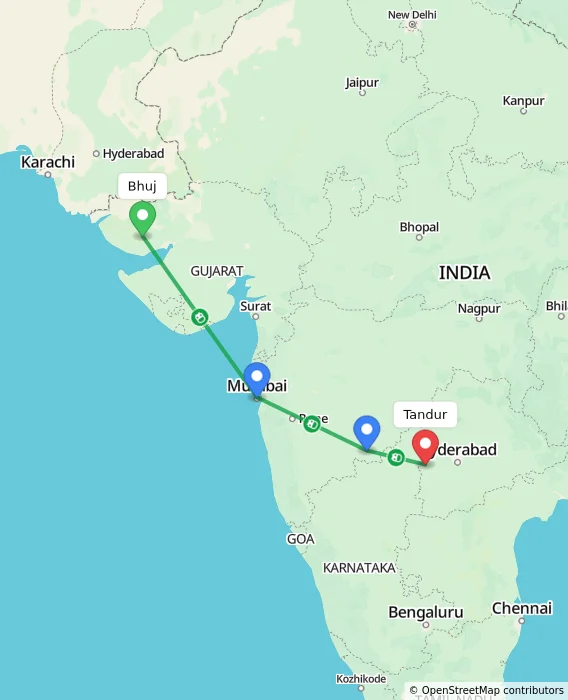 Route map showing distance and travel time from Bhuj, India to Tandur, India