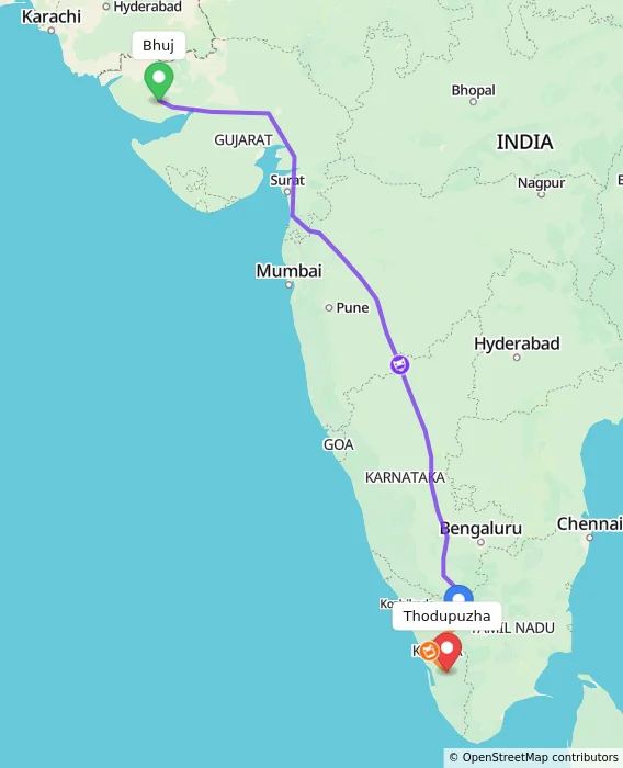 Route map showing distance and travel time from Bhuj, India to Thodupuzha, India
