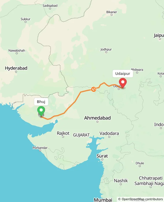Route map showing distance and travel time from Bhuj, India to Udaipur, India