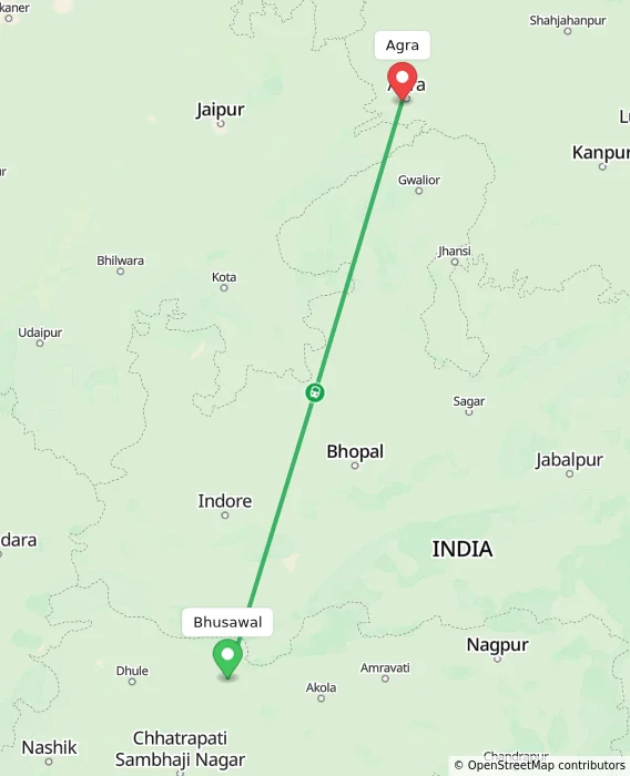 Route map showing distance and travel time from Bhusawal, India to Agra, India