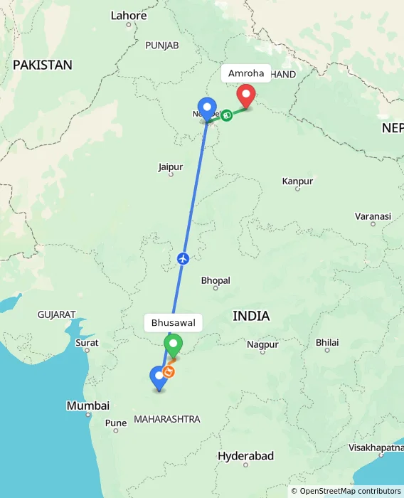 Route map showing distance and travel time from Bhusawal, India to Amroha, India