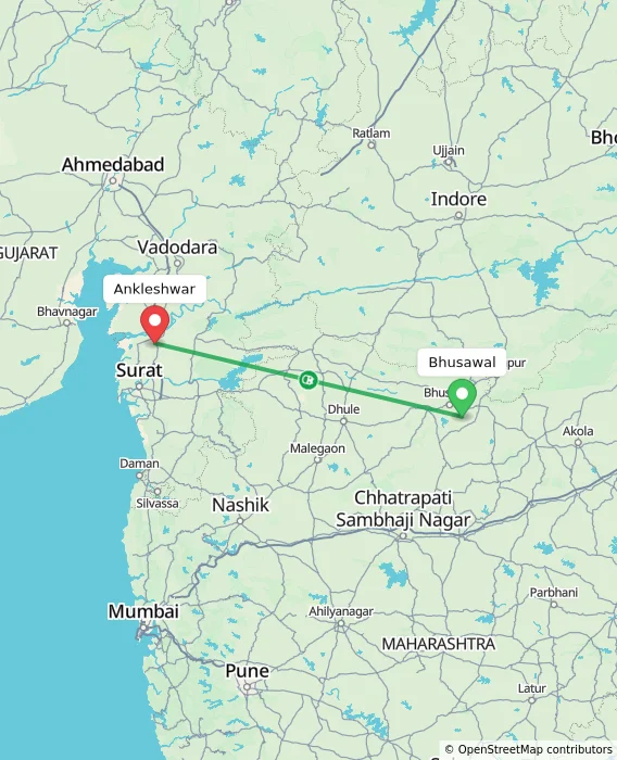 Route map showing distance and travel time from Bhusawal, India to Ankleshwar, India