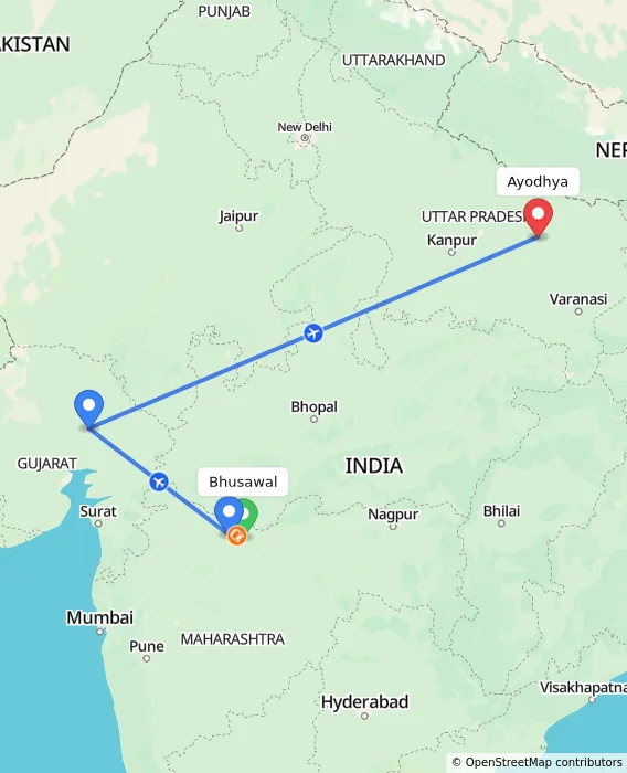 Route map showing distance and travel time from Bhusawal, India to Ayodhya, India