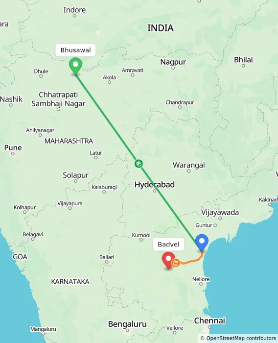 Route map showing distance and travel time from Bhusawal, India to Badvel, India