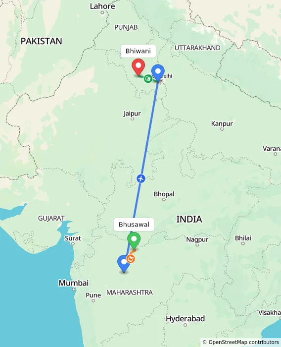 Route map showing distance and travel time from Bhusawal, India to Bhiwani, India