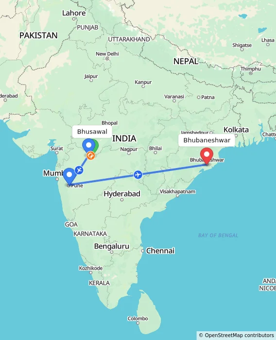 Route map showing distance and travel time from Bhusawal, India to Bhubaneshwar, India
