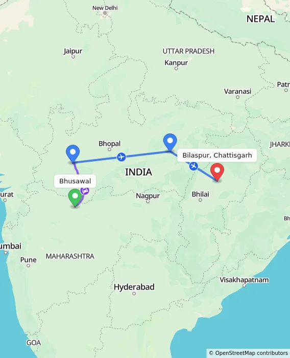 Route map showing distance and travel time from Bhusawal, India to Bilaspur, Chattisgarh, India