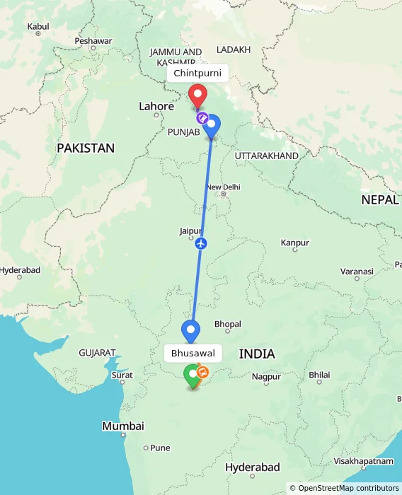 Route map showing distance and travel time from Bhusawal, India to Chintpurni, India