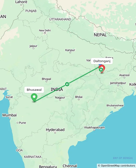 Route map showing distance and travel time from Bhusawal, India to Daltonganj, India