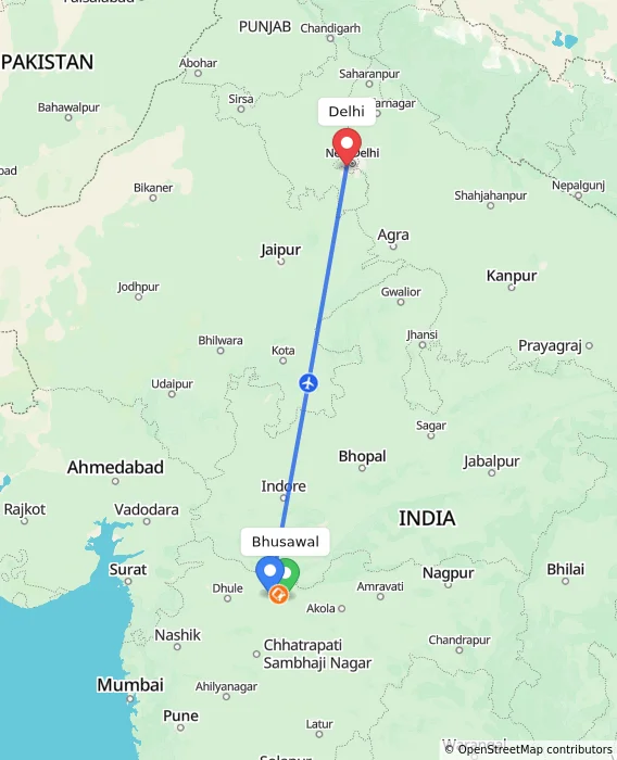 Route map showing distance and travel time from Bhusawal, India to Delhi, India