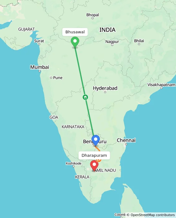 Route map showing distance and travel time from Bhusawal, India to Dharapuram, India