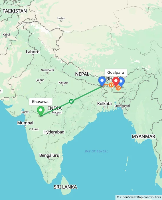 Route map showing distance and travel time from Bhusawal, India to Goalpara, India
