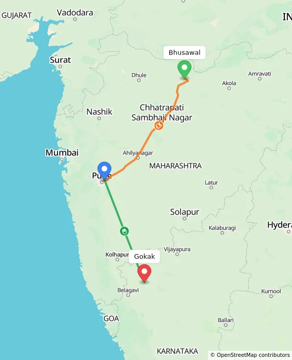 Route map showing distance and travel time from Bhusawal, India to Gokak, India