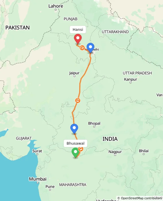 Route map showing distance and travel time from Bhusawal, India to Hansi, India