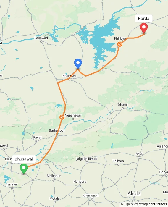 Route map showing distance and travel time from Bhusawal, India to Harda, India