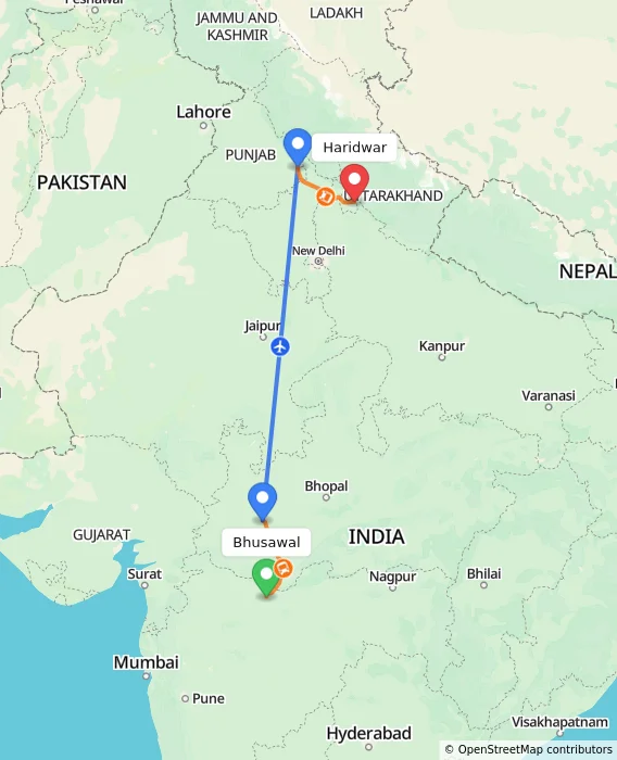 Route map showing distance and travel time from Bhusawal, India to Haridwar, India
