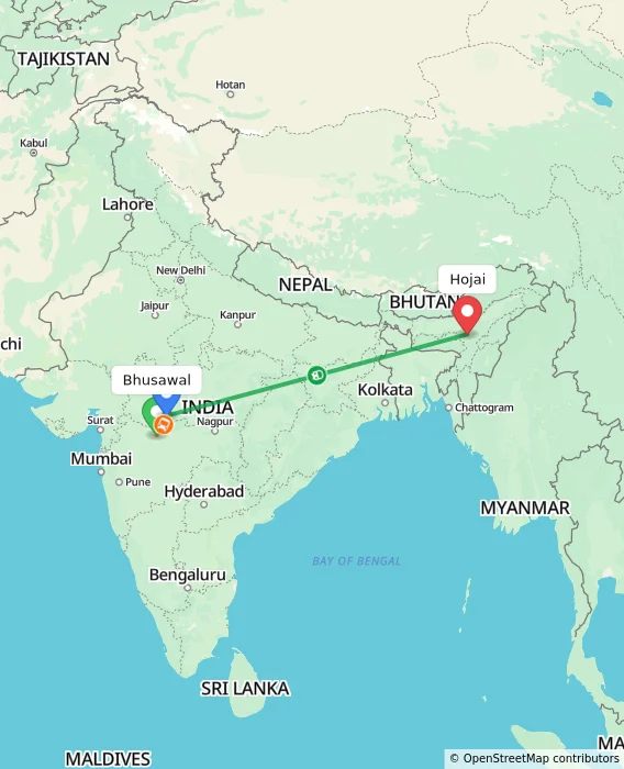 Route map showing distance and travel time from Bhusawal, India to Hojai, India