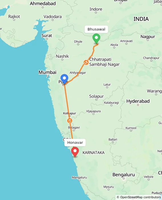 Route map showing distance and travel time from Bhusawal, India to Honavar, India