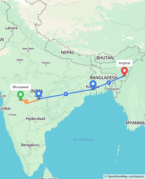 Route map showing distance and travel time from Bhusawal, India to Imphal, India