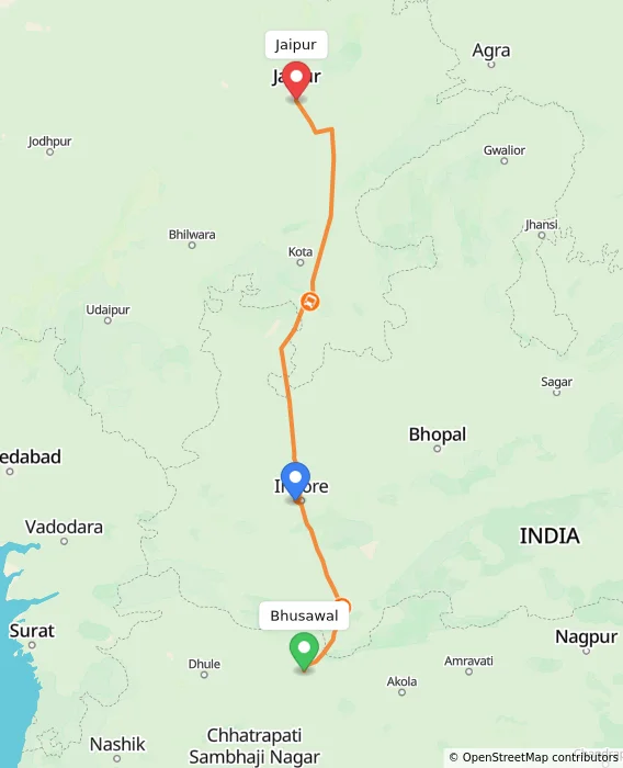 Route map showing distance and travel time from Bhusawal, India to Jaipur, India
