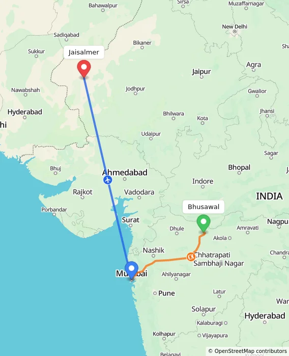 Route map showing distance and travel time from Bhusawal, India to Jaisalmer, India