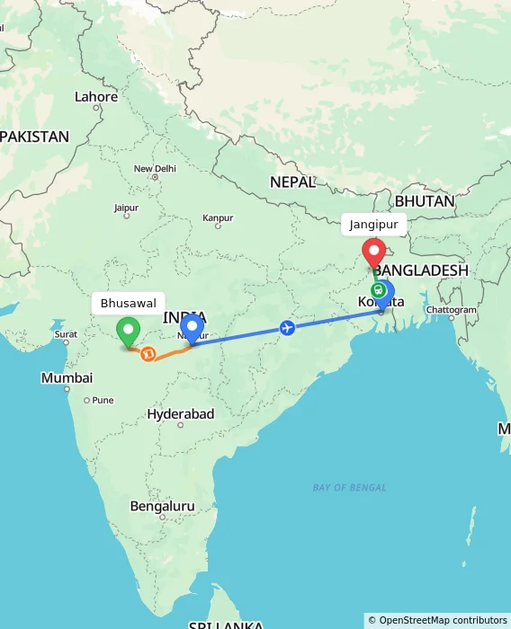 Route map showing distance and travel time from Bhusawal, India to Jangipur, India