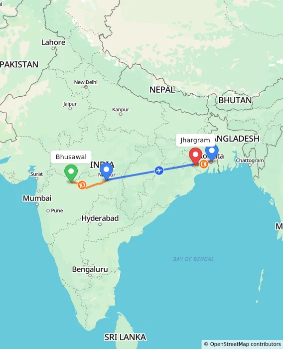 Route map showing distance and travel time from Bhusawal, India to Jhargram, India