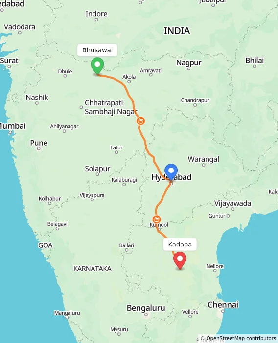 Route map showing distance and travel time from Bhusawal, India to Kadapa, India