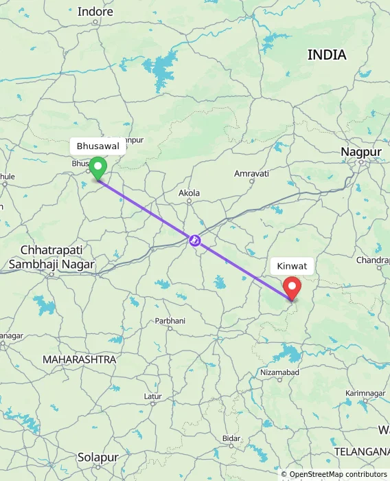 Route map showing distance and travel time from Bhusawal, India to Kinwat, India