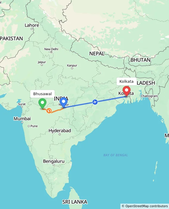Route map showing distance and travel time from Bhusawal, India to Kolkata, India