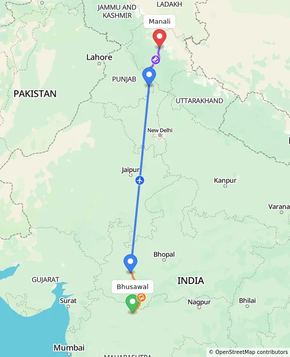 Route map showing distance and travel time from Bhusawal, India to Manali, India